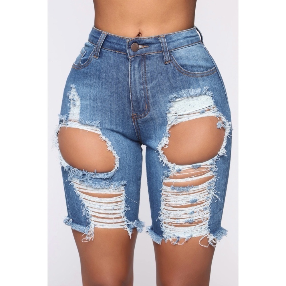 FASHION NOVA Dark Denim Mid Rise Distressed Bermuda Shorts Size 9